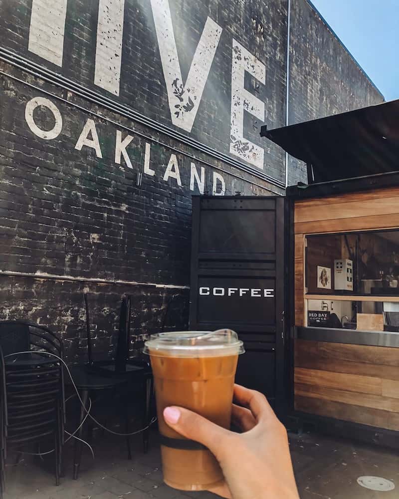 Iced coffee at the patio of Red Bay Coffee in Oakland