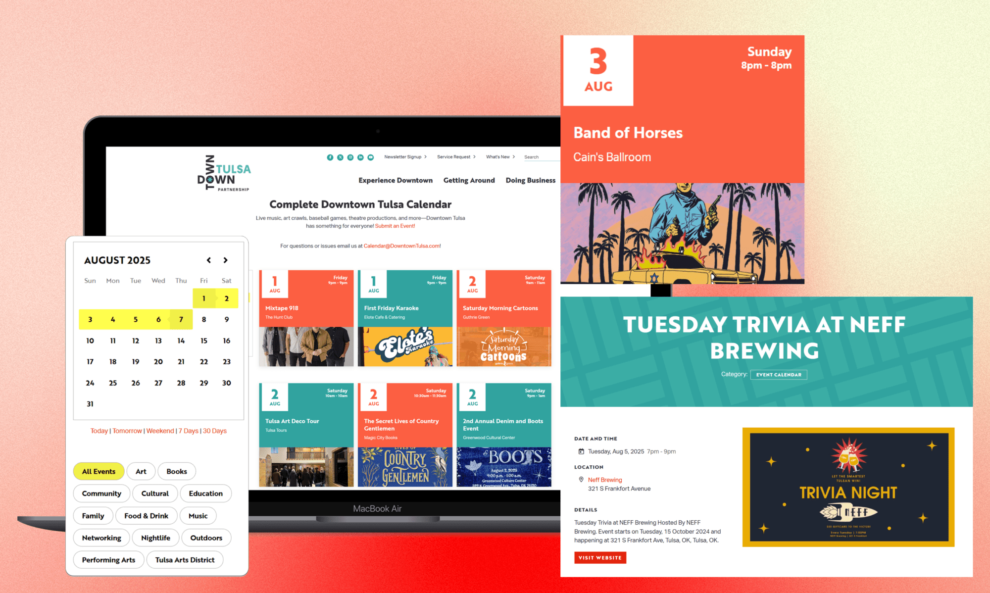 Downtown Tulsa events calendar on desktop and mobile showing concerts, trivia nights, art tours, and community activities.