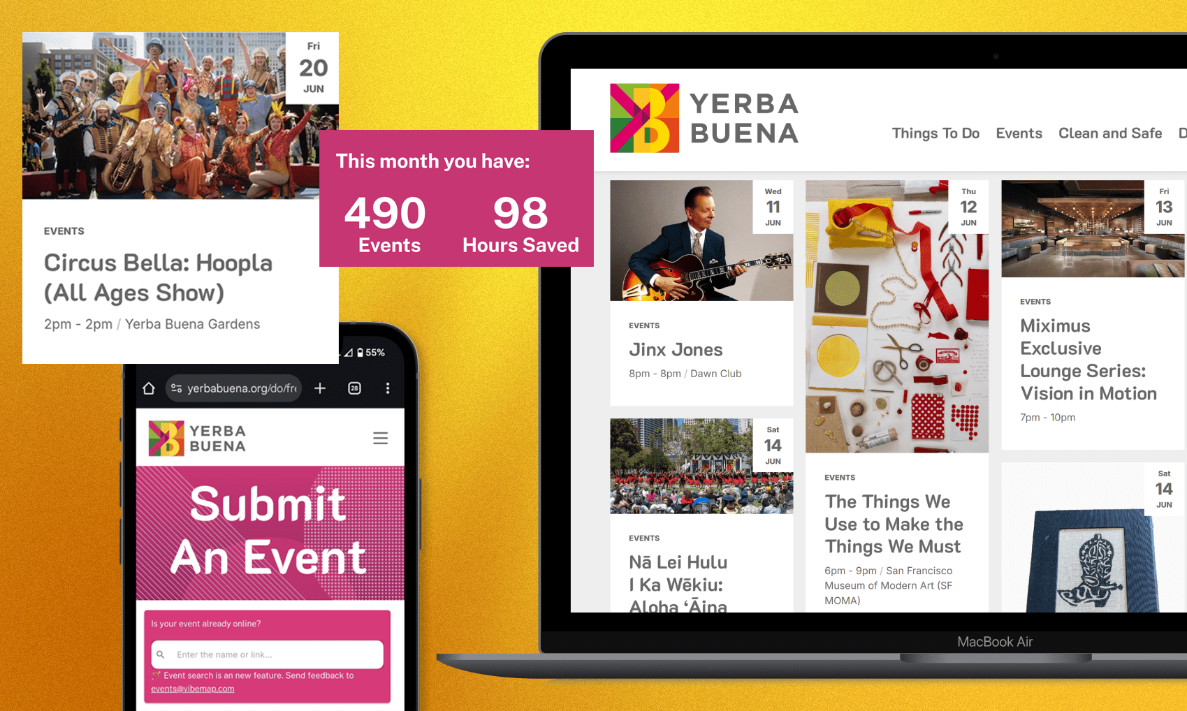 Yerba Buena’s event platform with mobile and desktop views of event listings, submission tools, and community stats.