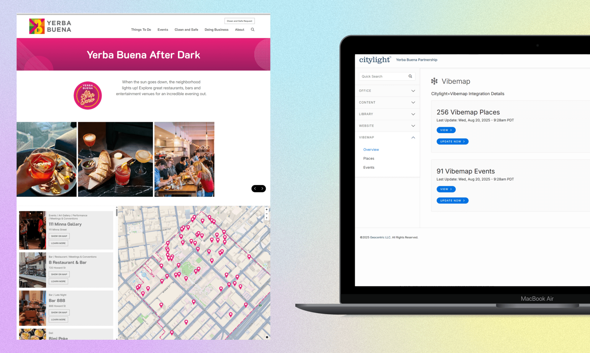 Yerba Buena After Dark webpage and Citylight dashboard showing integrated Vibemap places and events in San Francisco.