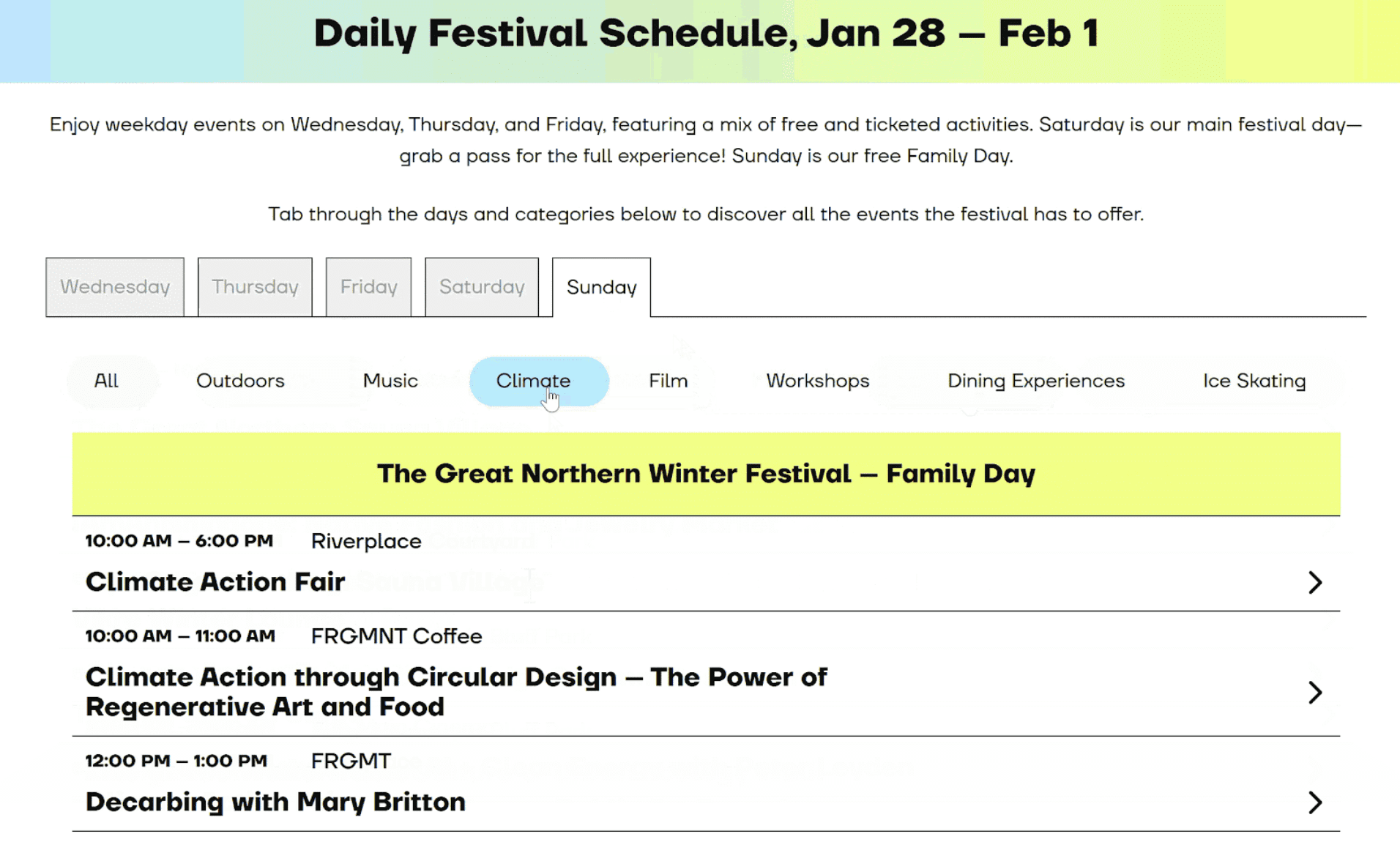 The daily festival schedule for the Great Northern Winter Festival created by Vibemap
