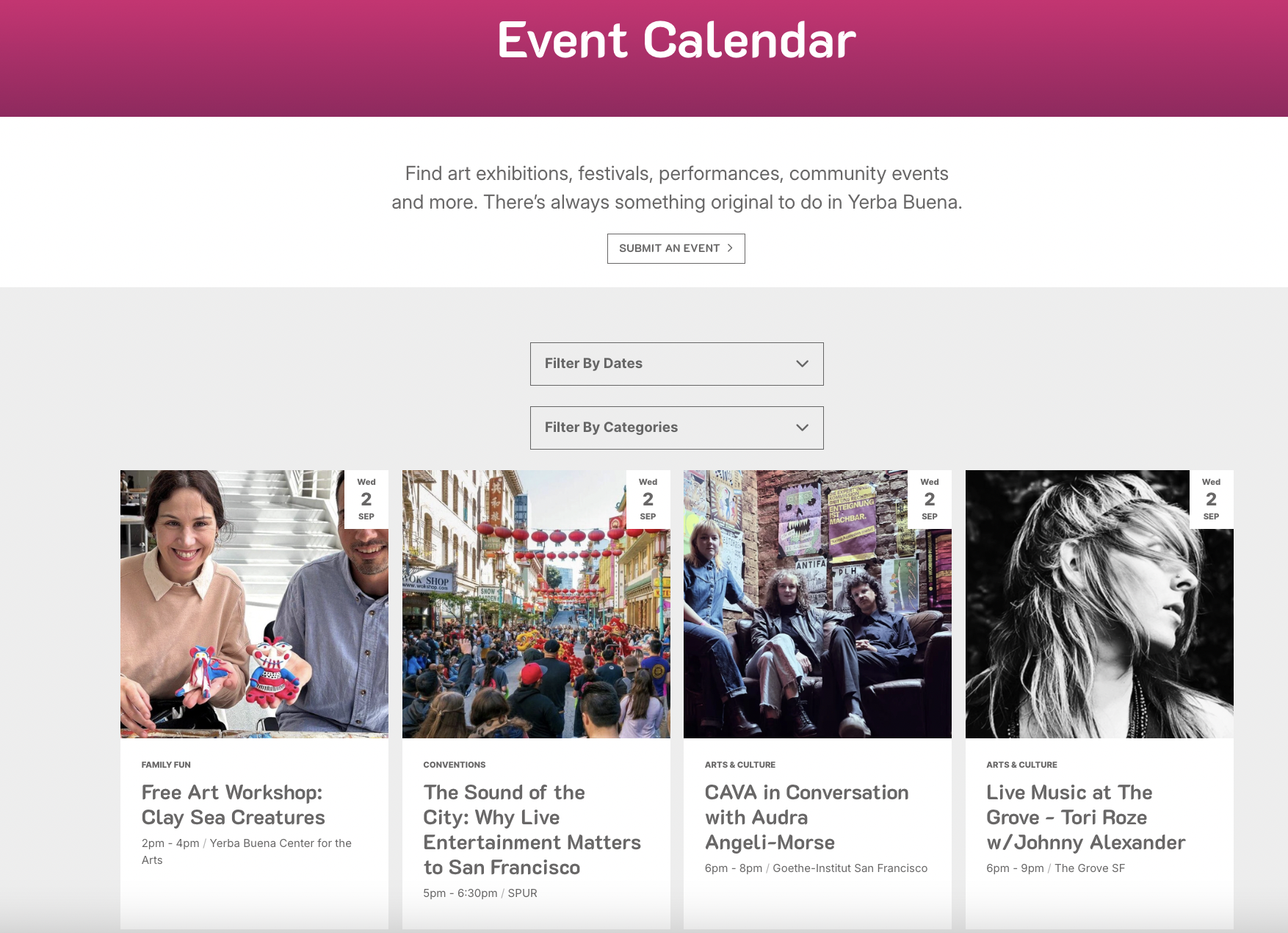 Screenshot of an events calendar created by Vibemap