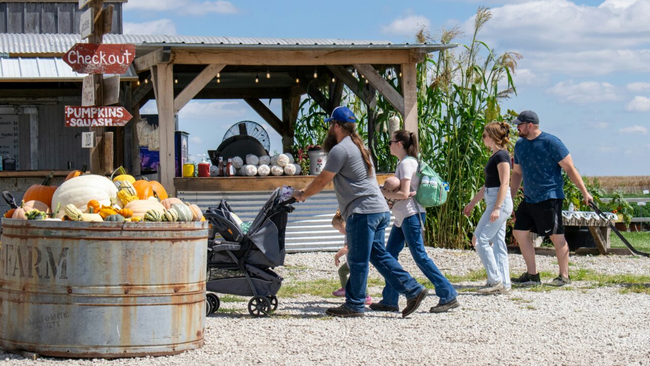 Parents pushing a stroller through a fall festival.